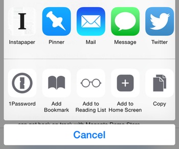 iOS 8 share sheet with Instapaper and 1Password